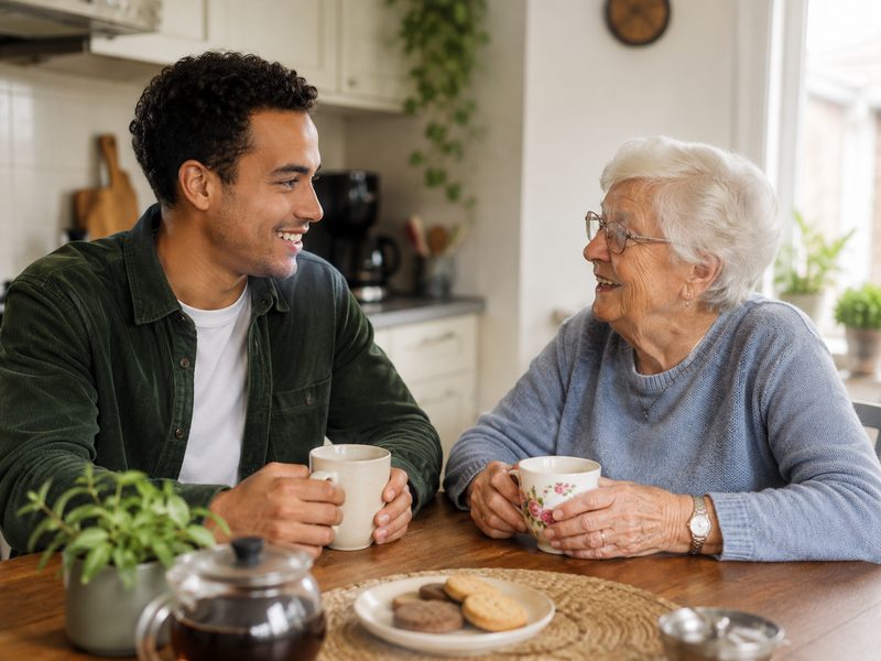 Vrijwilliger en oudere mevrouw drinken samen koffie aan de keukentafel